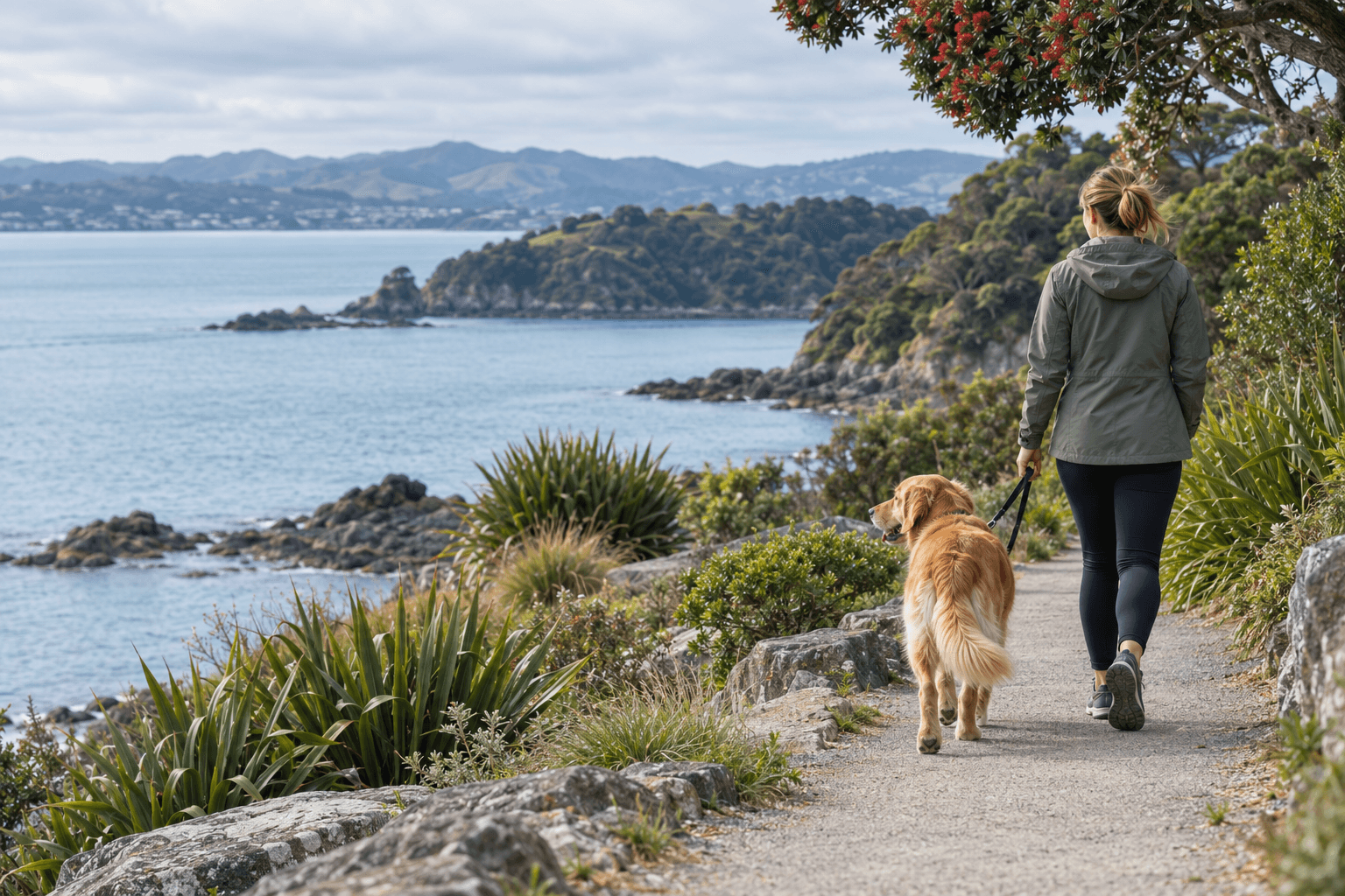 Illustrative dog and handler walking along a New Zealand coastal path